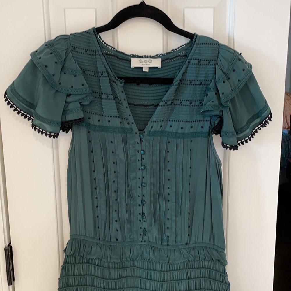 SEA azzedine green flutter sleeve smock midi dress - Picture 8 of 13